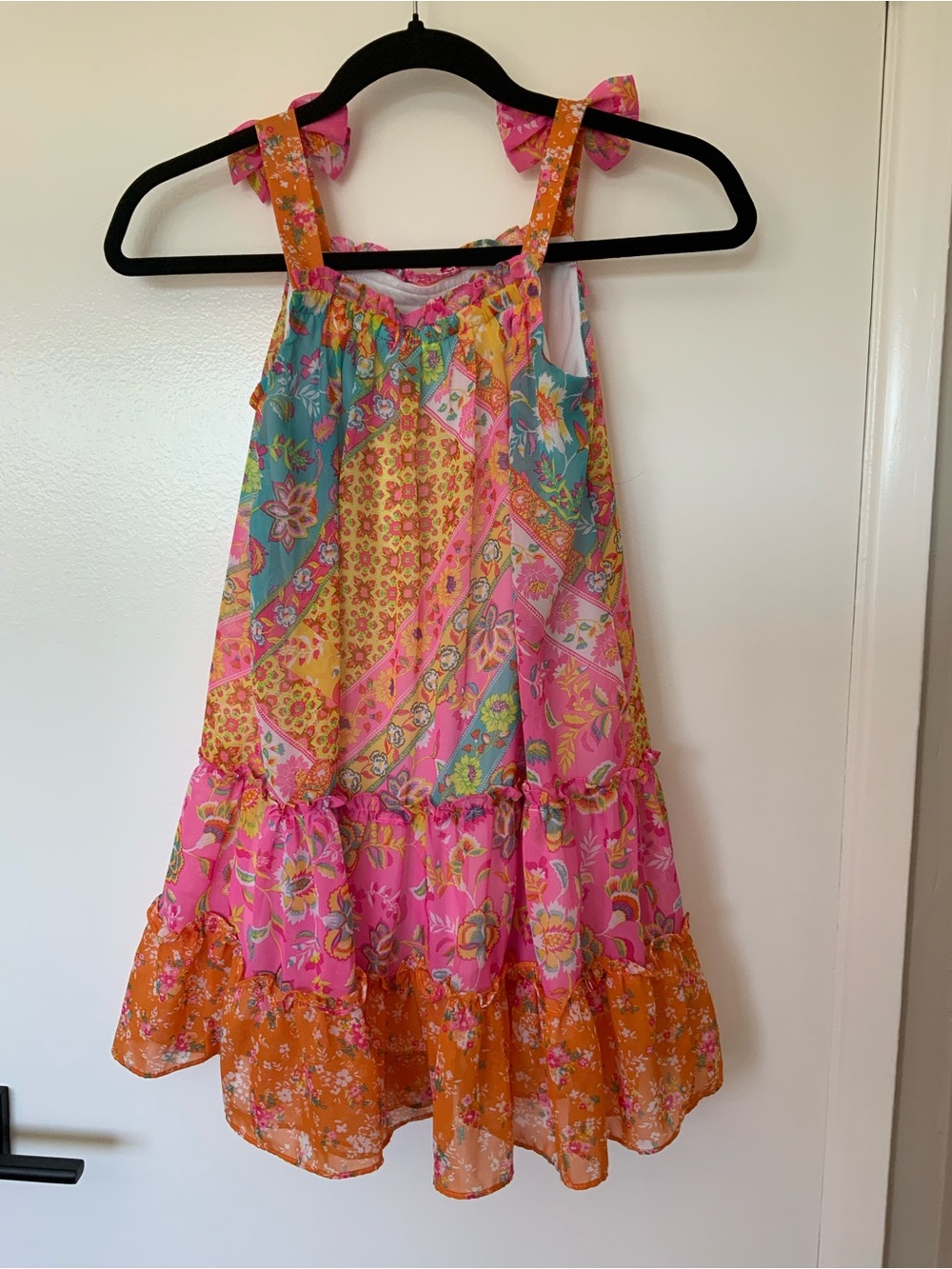 Jona Michelle Girls Patchwork Floral Tie-Shoulder Dress in Pink, Orange & Teal 7